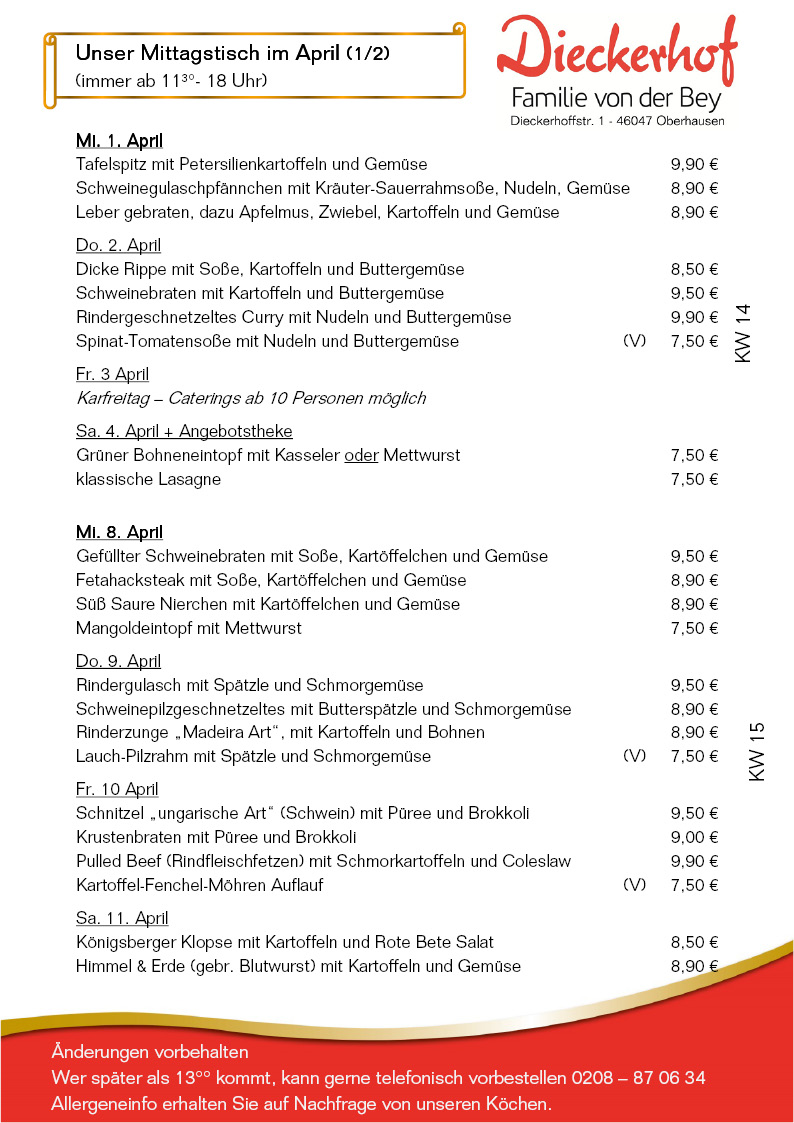 unsere wechselnden Mittagstischangebote